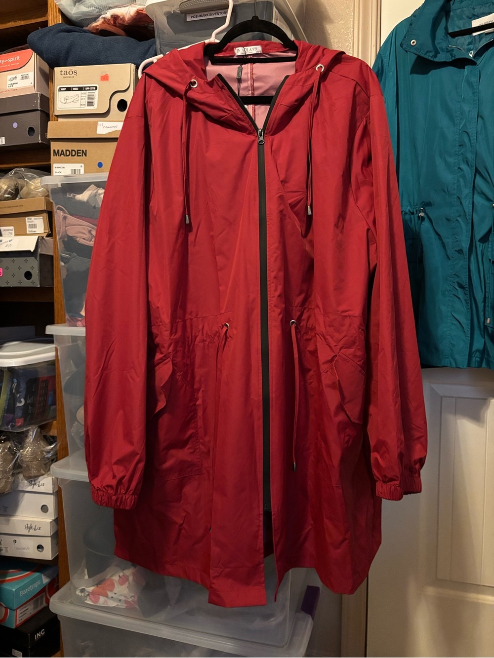 NWT: size 28 Lightweight Hooded Raincoat Jacket - Red